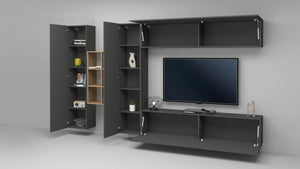 Parete attrezzata Agna, Set salotto porta TV a 4 ante, Mobile soggiorno multiuso, 100% Made in Italy, cm 280x30h180, Antracite e Acero