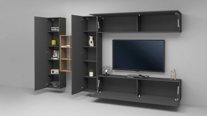 Parete attrezzata Agna, Set salotto porta TV a 4 ante, Mobile soggiorno multiuso, 100% Made in Italy, cm 280x30h180, Antracite e Acero