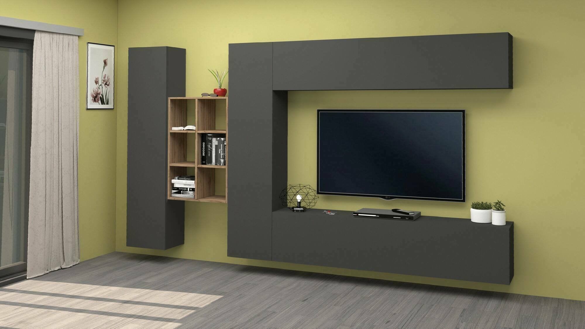 Parete attrezzata Agna, Set salotto porta TV a 4 ante, Mobile soggiorno multiuso, 100% Made in Italy, cm 280x30h180, Antracite e Acero