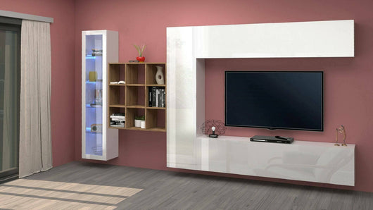 Parete attrezzata Avegno, Set salotto porta TV a 4 ante, Mobile soggiorno multiuso con vetrina e luce LED, 100% Made in Italy, cm 310x30h180, Bianco lucido e Acero