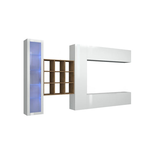 Parete attrezzata Avegno, Set salotto porta TV a 4 ante, Mobile soggiorno multiuso con vetrina e luce LED, 100% Made in Italy, cm 310x30h180, Bianco lucido e Acero