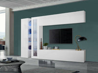 Parete attrezzata Annie, Set salotto porta TV a 4 ante, Mobile soggiorno multiuso, 100% Made in Italy, cm 280x30x180, Bianco lucido