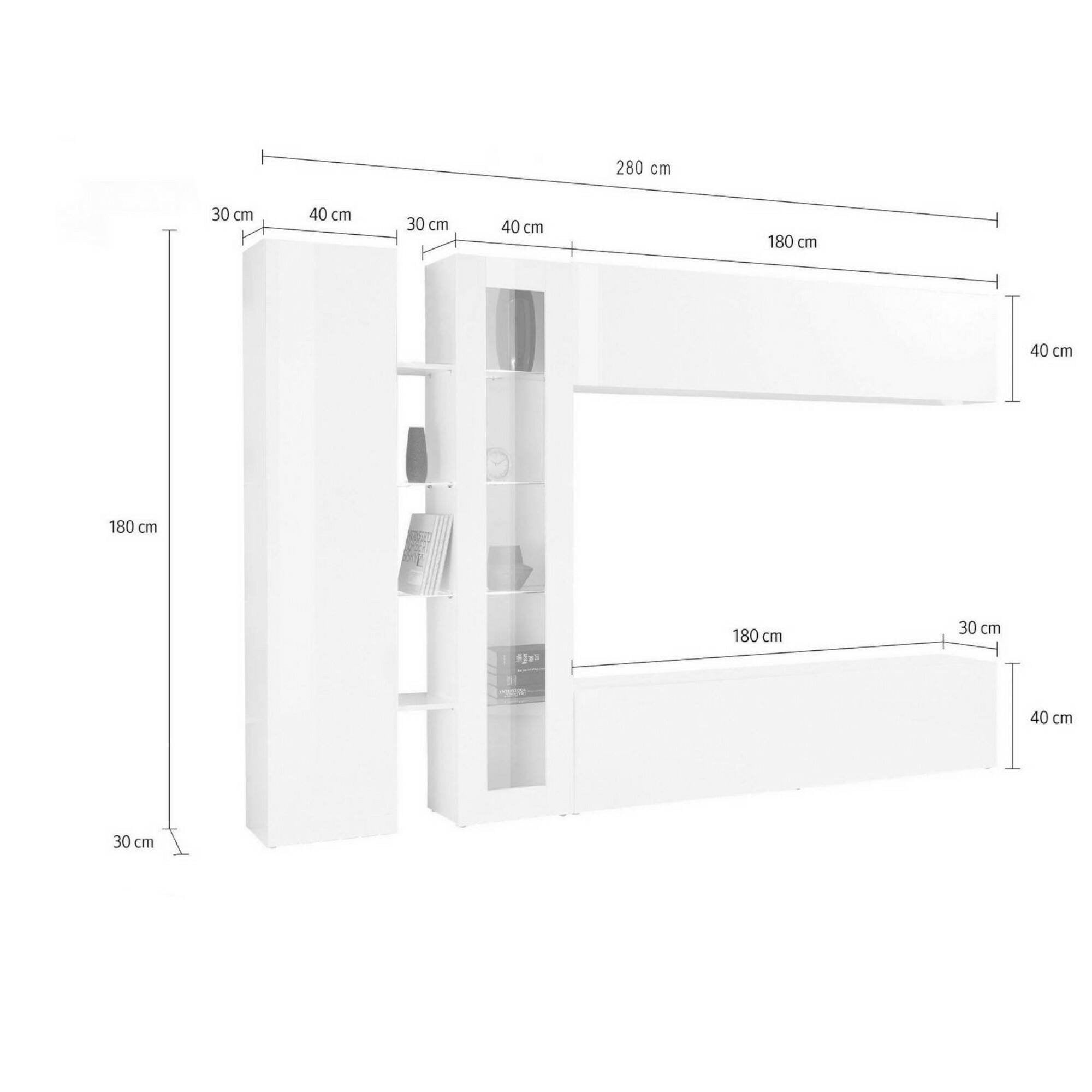 Parete attrezzata Annie, Set salotto porta TV a 4 ante, Mobile soggiorno multiuso, 100% Made in Italy, cm 280x30x180, Bianco lucido