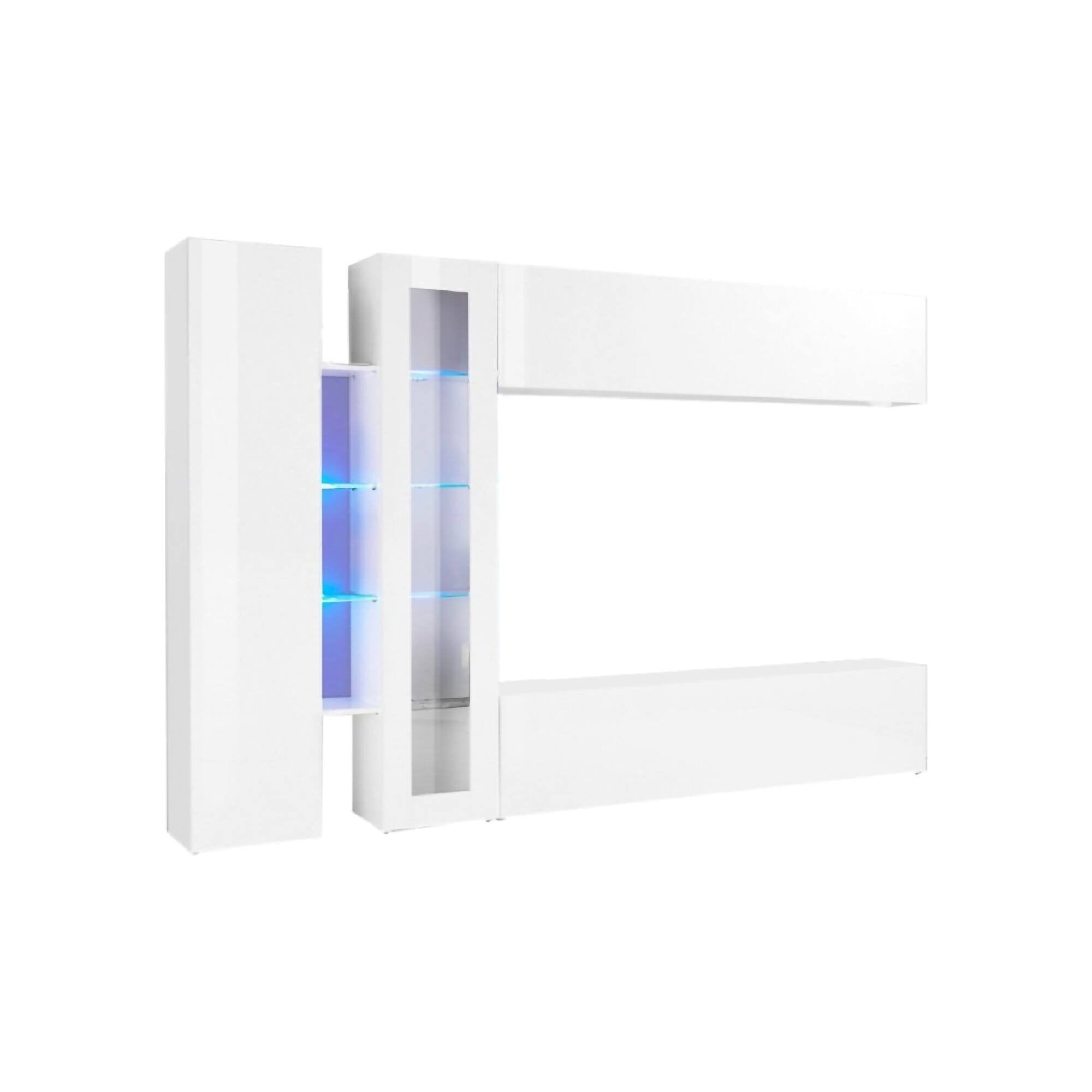 Parete attrezzata Annie, Set salotto porta TV a 4 ante, Mobile soggiorno multiuso, 100% Made in Italy, cm 280x30x180, Bianco lucido