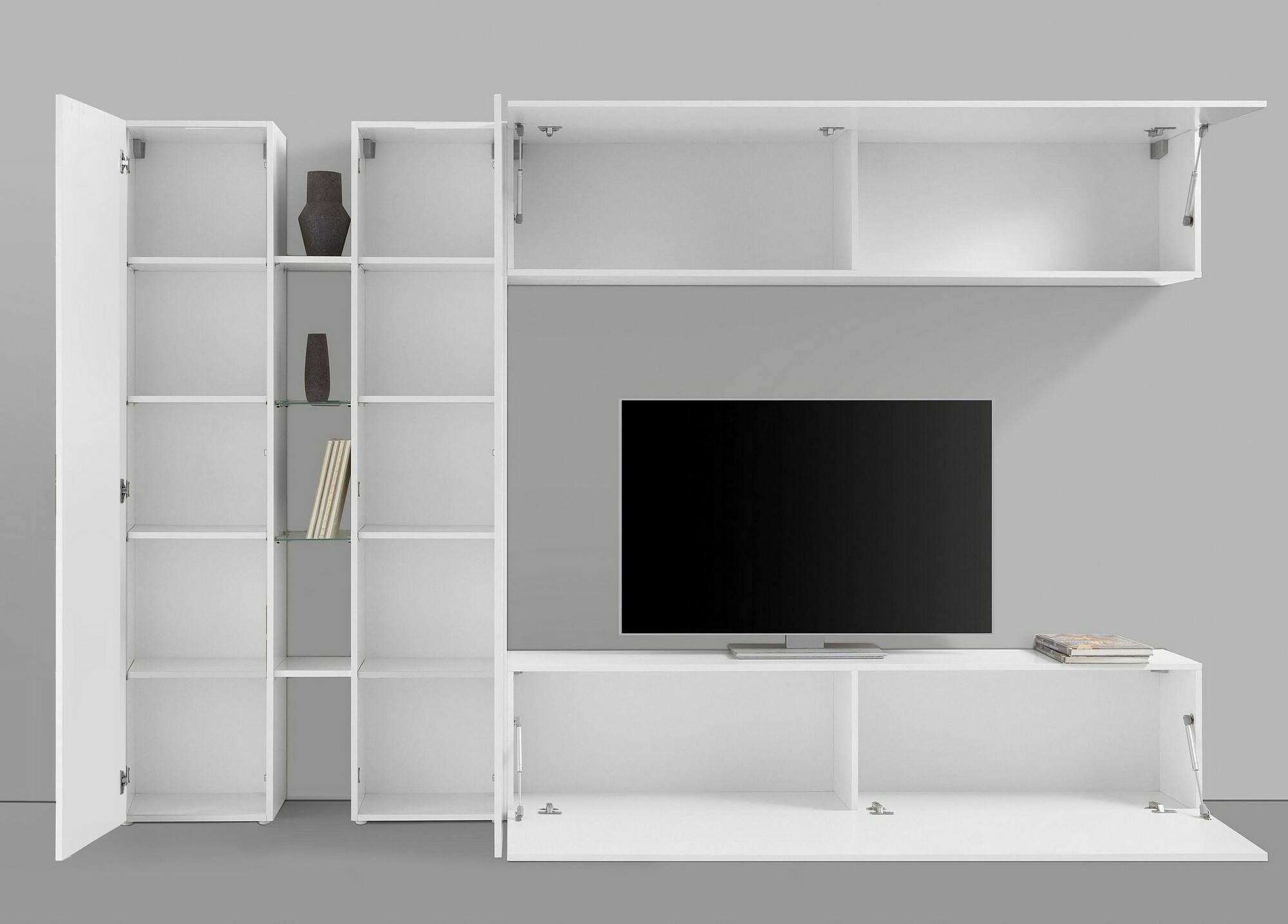 Parete attrezzata Enstatite, Set salotto porta TV a 4 ante, Mobile soggiorno multiuso, 100% Made in Italy, cm 280x30x180, Bianco lucido