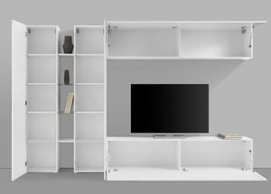 Parete attrezzata Enstatite, Set salotto porta TV a 4 ante, Mobile soggiorno multiuso, 100% Made in Italy, cm 280x30x180, Bianco lucido