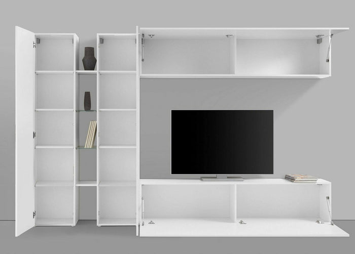 Parete attrezzata Enstatite, Set salotto porta TV a 4 ante, Mobile soggiorno multiuso, 100% Made in Italy, cm 280x30x180, Bianco lucido