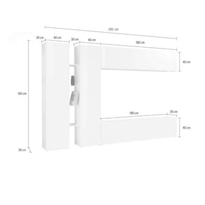 Parete attrezzata Enstatite, Set salotto porta TV a 4 ante, Mobile soggiorno multiuso, 100% Made in Italy, cm 280x30x180, Bianco lucido