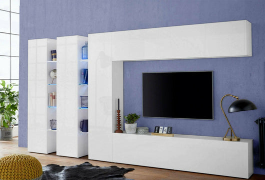 Parete attrezzata Carretto, Set salotto porta TV a 5 ante, Mobile soggiorno multiuso, 100% Made in Italy, cm 340x30h180, Bianco lucido