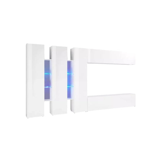 Parete attrezzata Carretto, Set salotto porta TV a 5 ante, Mobile soggiorno multiuso, 100% Made in Italy, cm 340x30h180, Bianco lucido