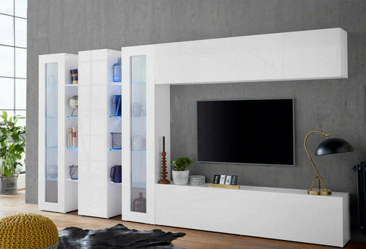 Parete attrezzata Atta, Set salotto porta TV a 5 ante, Mobile soggiorno multiuso, 100% Made in Italy, cm 340x30h180, Bianco lucido