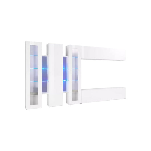 Parete attrezzata Atta, Set salotto porta TV a 5 ante, Mobile soggiorno multiuso, 100% Made in Italy, cm 340x30h180, Bianco lucido