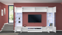 Parete attrezzata Arga, Set salotto porta TV a 6 ante, Mobile soggiorno multiuso con luce LED, 100% Made in Italy, cm 290x40h191, Bianco lucido