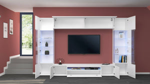 Parete attrezzata Arga, Set salotto porta TV a 6 ante, Mobile soggiorno multiuso con luce LED, 100% Made in Italy, cm 290x40h191, Bianco lucido