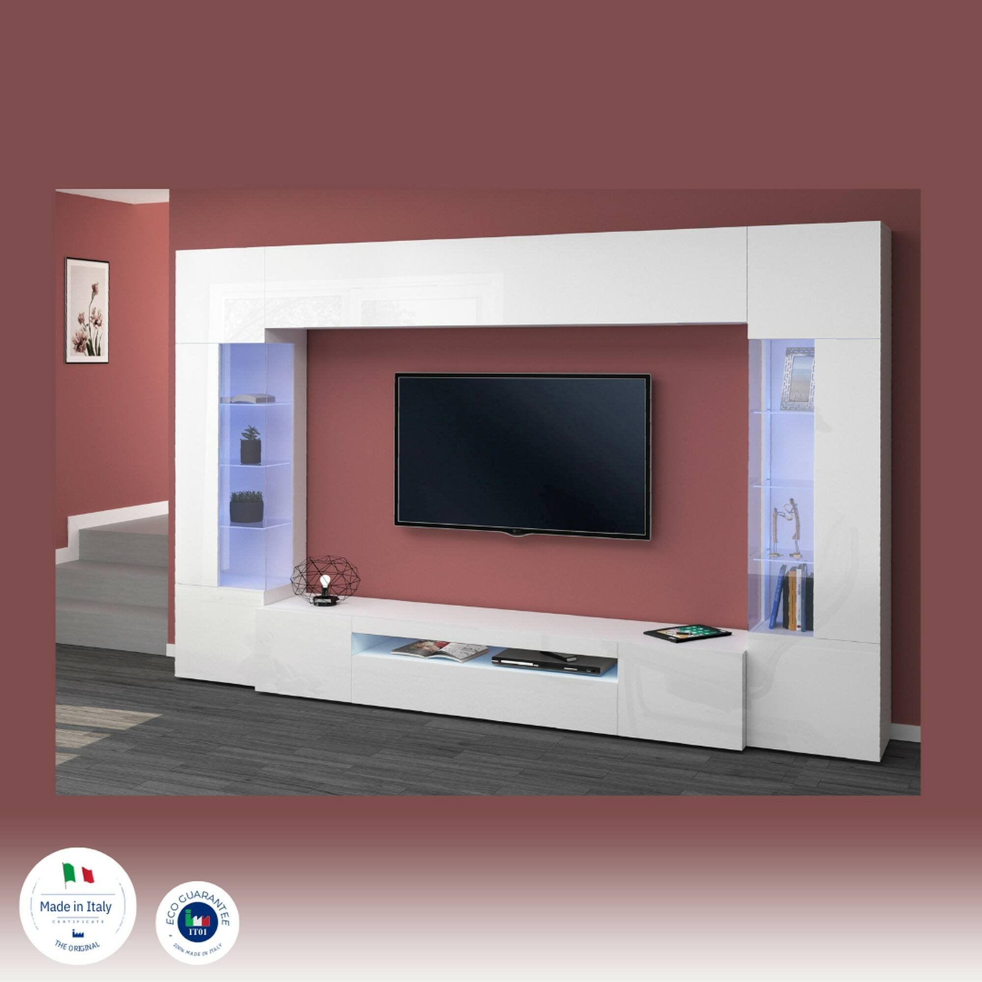 Parete attrezzata Arga, Set salotto porta TV a 6 ante, Mobile soggiorno multiuso con luce LED, 100% Made in Italy, cm 290x40h191, Bianco lucido