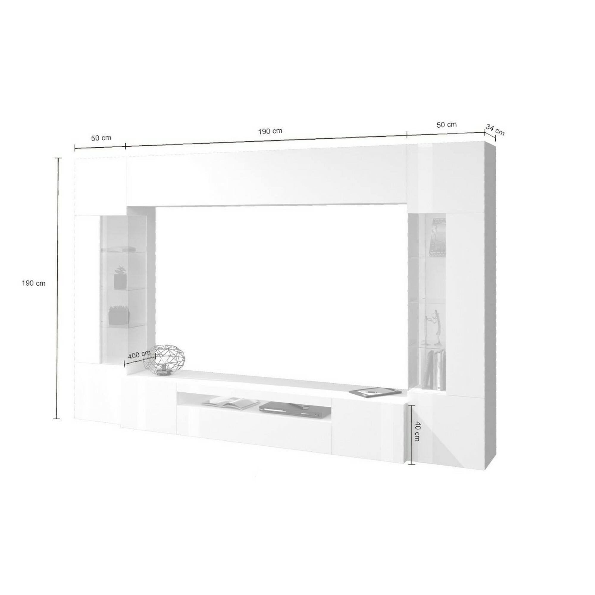 Parete attrezzata Arga, Set salotto porta TV a 6 ante, Mobile soggiorno multiuso con luce LED, 100% Made in Italy, cm 290x40h191, Bianco lucido