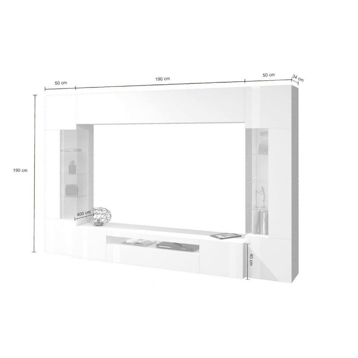 Parete attrezzata Arga, Set salotto porta TV a 6 ante, Mobile soggiorno multiuso con luce LED, 100% Made in Italy, cm 290x40h191, Bianco lucido