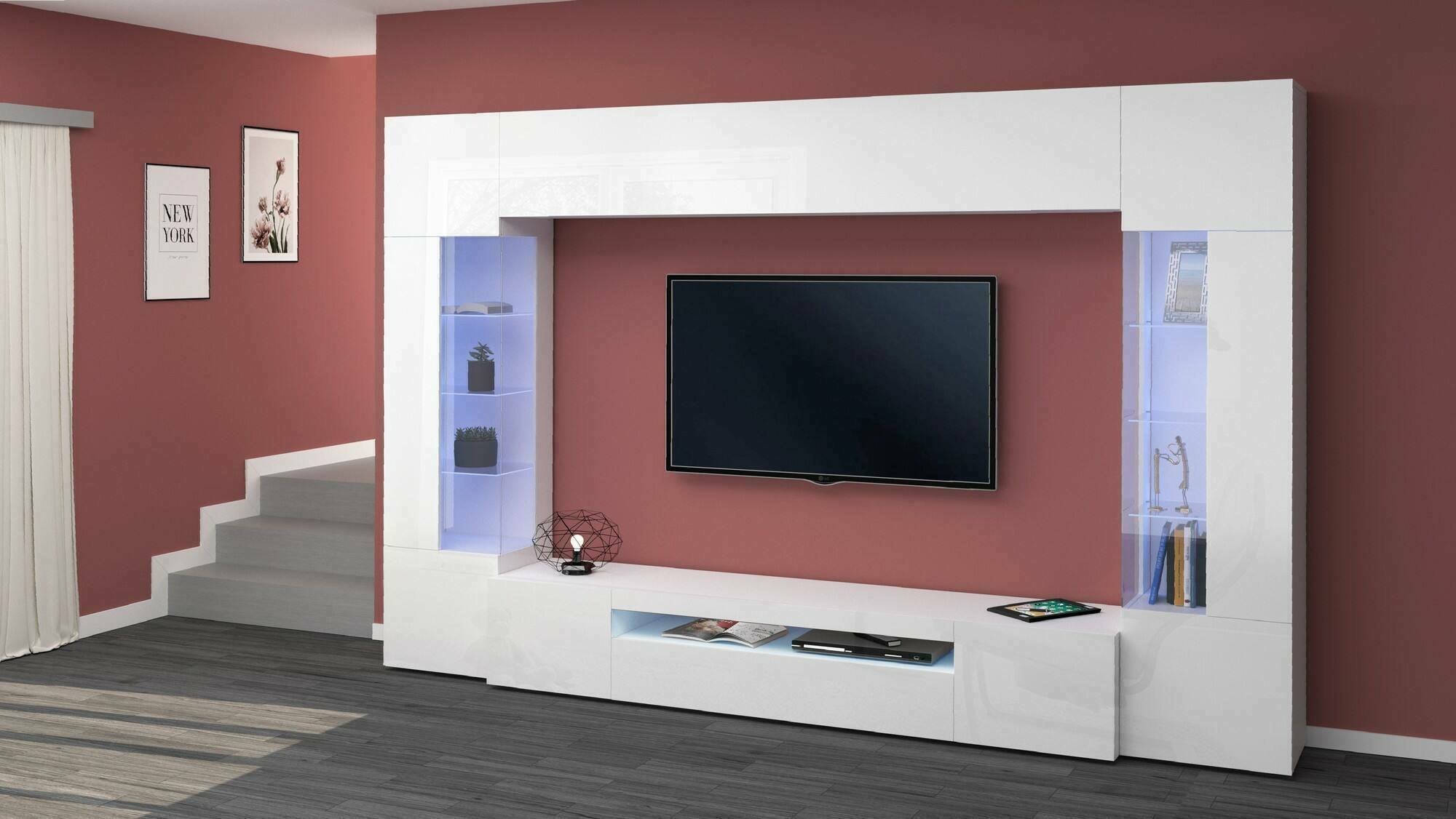 Parete attrezzata Arga, Set salotto porta TV a 6 ante, Mobile soggiorno multiuso con luce LED, 100% Made in Italy, cm 290x40h191, Bianco lucido