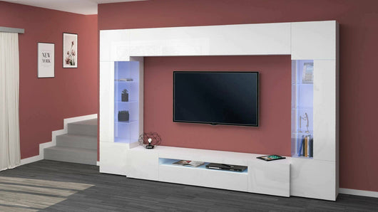 Parete attrezzata Arga, Set salotto porta TV a 6 ante, Mobile soggiorno multiuso con luce LED, 100% Made in Italy, cm 290x40h191, Bianco lucido