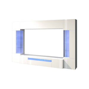 Parete attrezzata Arga, Set salotto porta TV a 6 ante, Mobile soggiorno multiuso con luce LED, 100% Made in Italy, cm 290x40h191, Bianco lucido