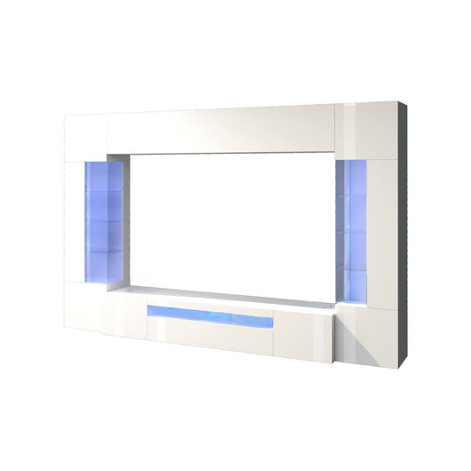 Parete attrezzata Arga, Set salotto porta TV a 6 ante, Mobile soggiorno multiuso con luce LED, 100% Made in Italy, cm 290x40h191, Bianco lucido