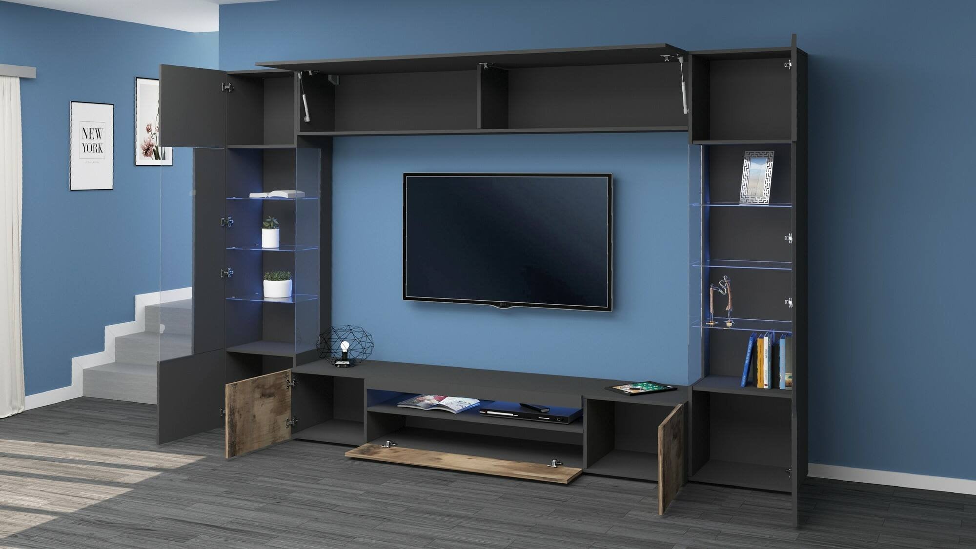 Parete attrezzata Arga, Set salotto porta TV a 6 ante, Mobile soggiorno multiuso con luce LED, 100% Made in Italy, cm 290x40h191, Antracite e Acero