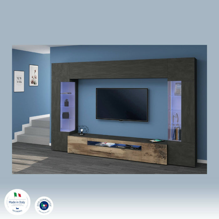 Parete attrezzata Arga, Set salotto porta TV a 6 ante, Mobile soggiorno multiuso con luce LED, 100% Made in Italy, cm 290x40h191, Antracite e Acero