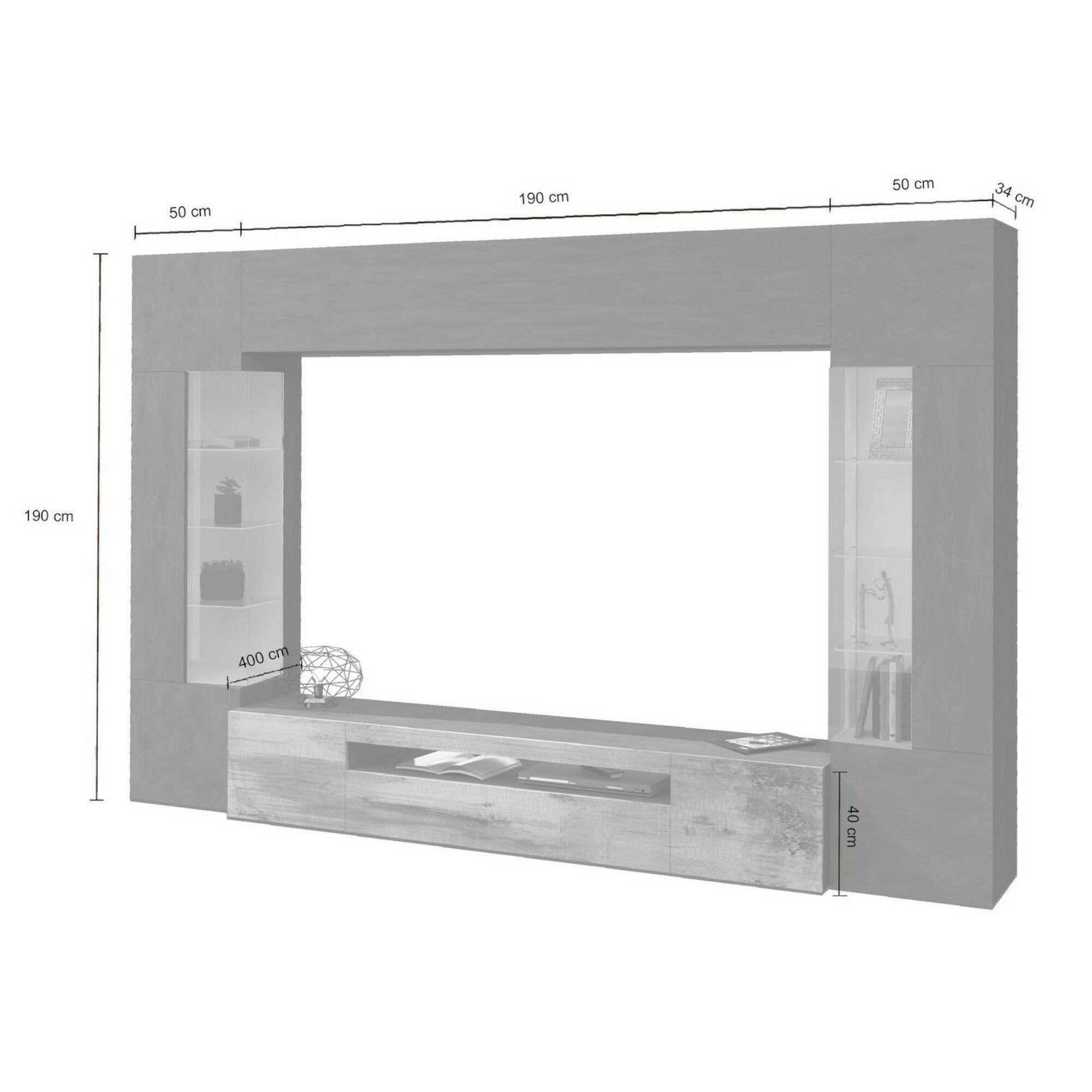 Parete attrezzata Arga, Set salotto porta TV a 6 ante, Mobile soggiorno multiuso con luce LED, 100% Made in Italy, cm 290x40h191, Antracite e Acero