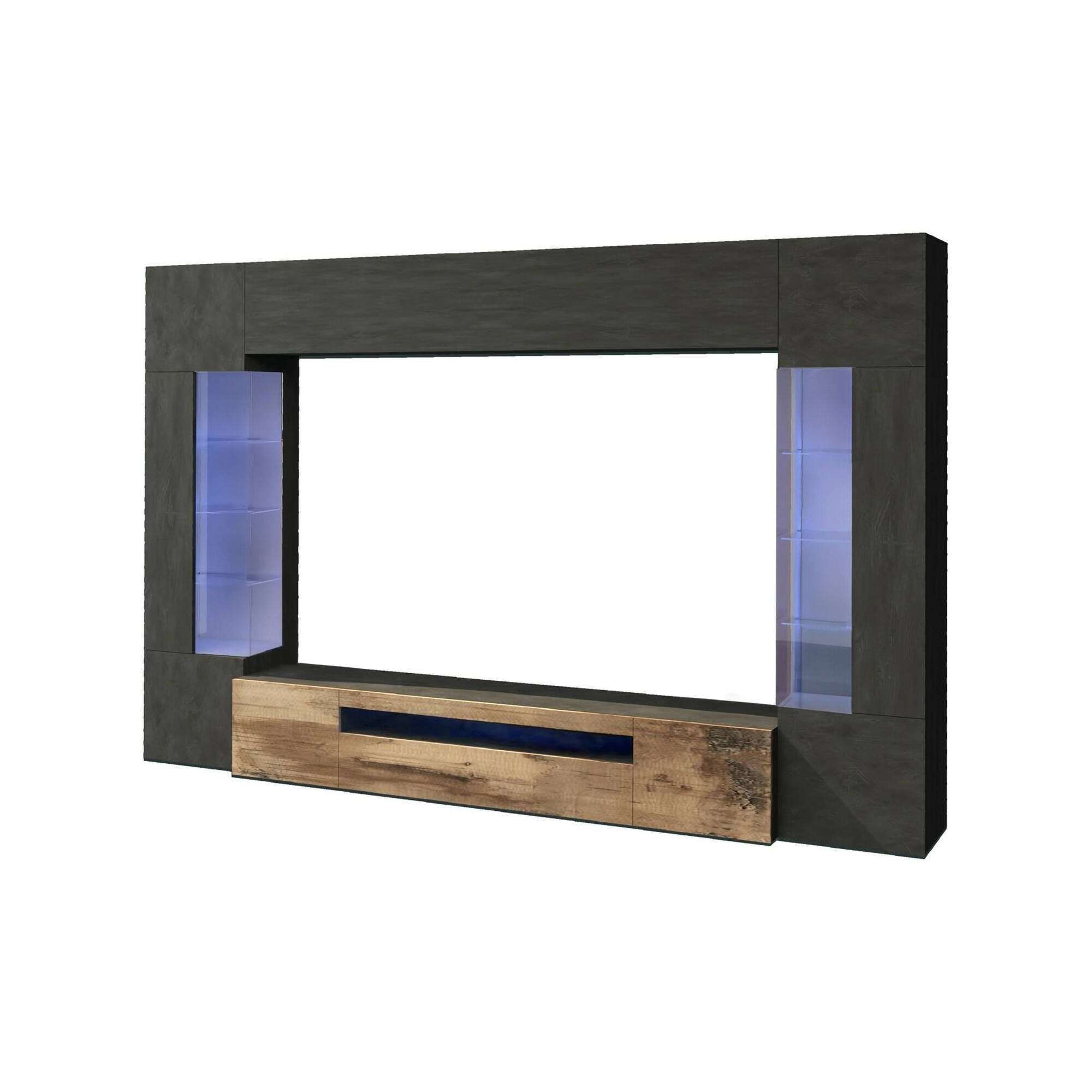 Parete attrezzata Arga, Set salotto porta TV a 6 ante, Mobile soggiorno multiuso con luce LED, 100% Made in Italy, cm 290x40h191, Antracite e Acero
