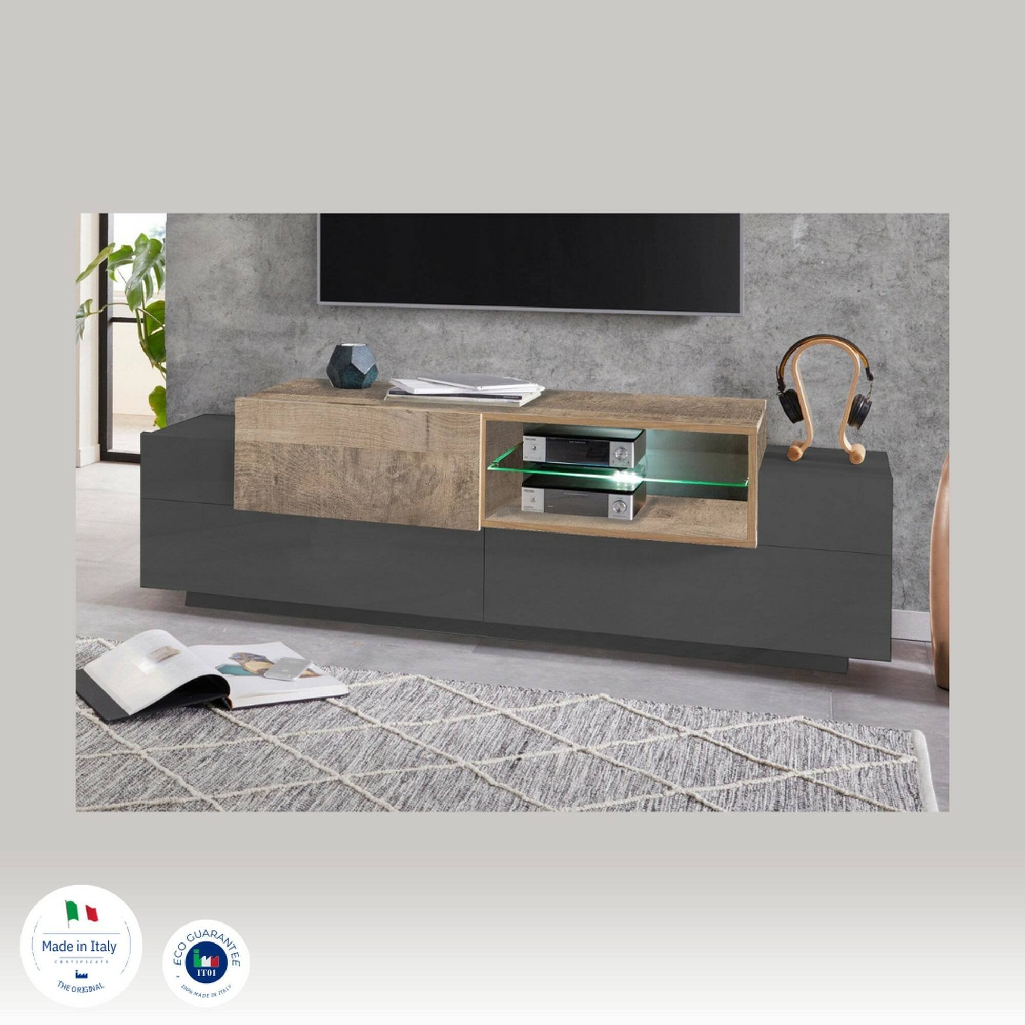 Mobile porta TV Andris, Credenza bassa da soggiorno, Base porta TV, 100% Made in Italy, cm 160x45h51, Antracite e Acero