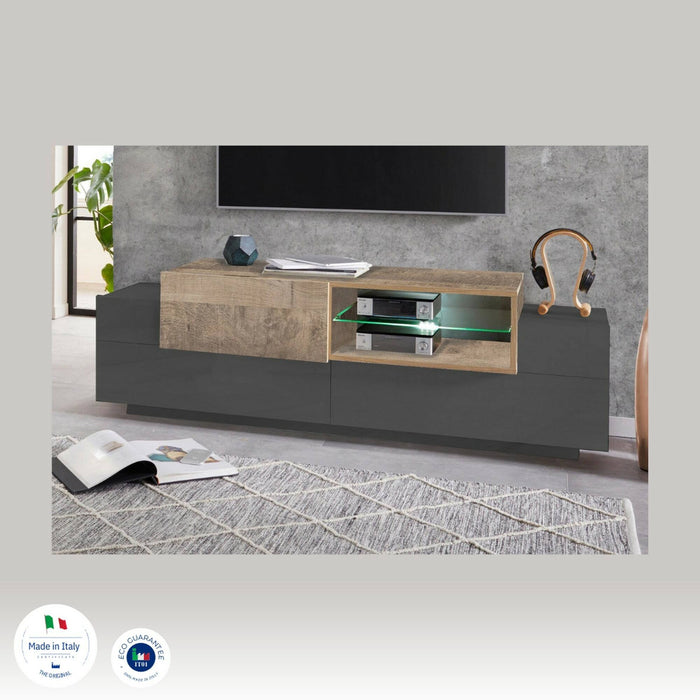Mobile porta TV Andris, Credenza bassa da soggiorno, Base porta TV, 100% Made in Italy, cm 160x45h51, Antracite e Acero