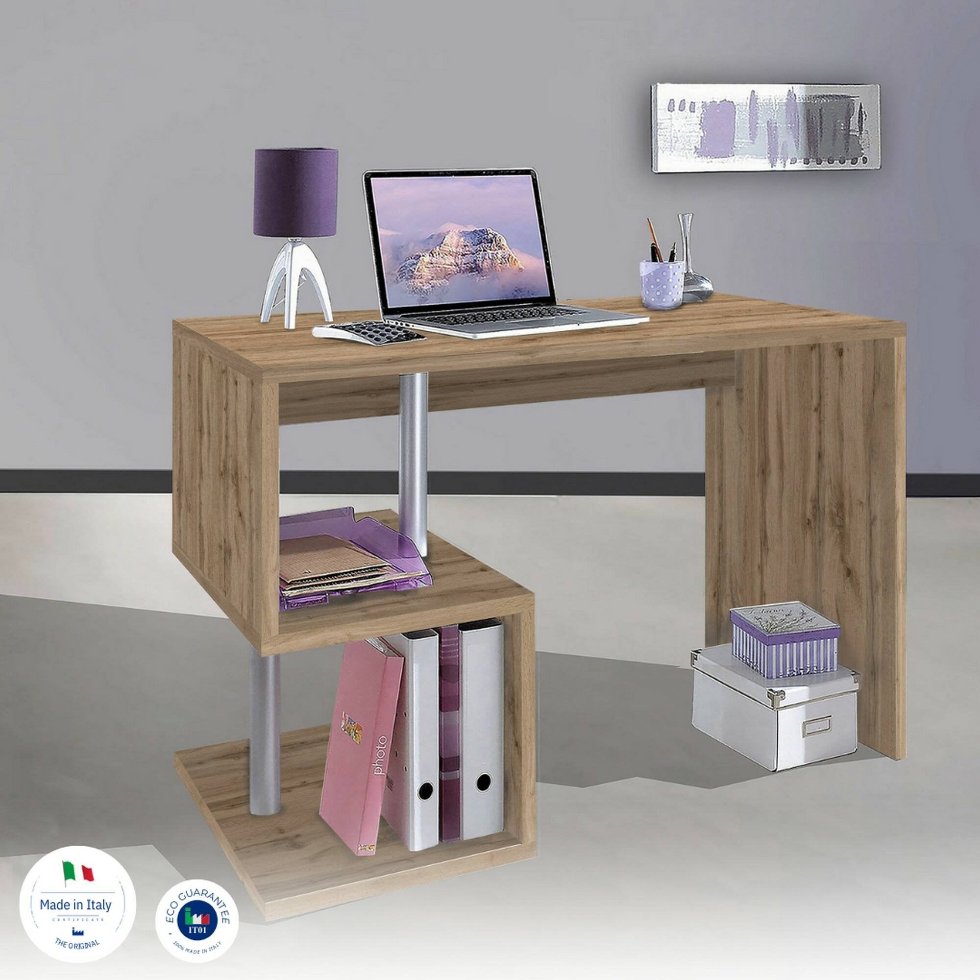 Scrivania Acan, Scrittoio lineare porta PC, Tavolo multiuso per ufficio, Scrivania salvaspazio multiposizione, 100% Made in Italy, cm 100x50h78, Rovere