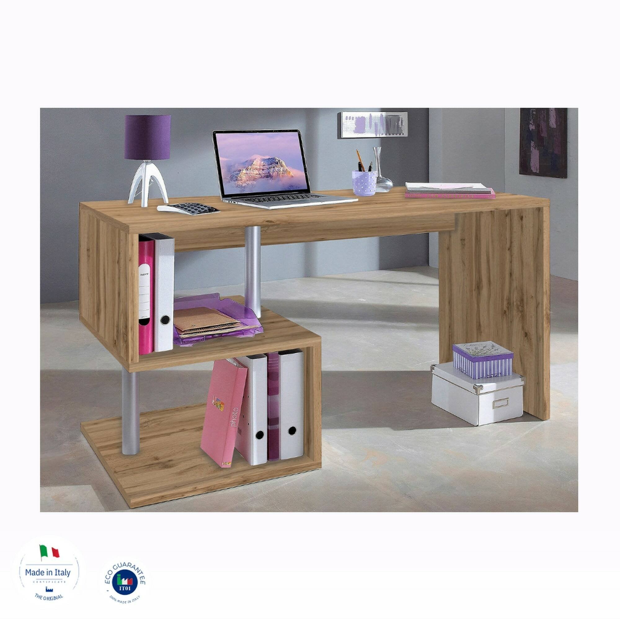 Scrivania Atemis, Scrittoio lineare porta PC, Tavolo multiuso per ufficio, Scrivania salvaspazio multiposizione, 100% Made in Italy, cm 140x60h78, Rovere