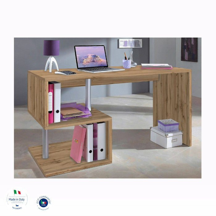 Scrivania Atemis, Scrittoio lineare porta PC, Tavolo multiuso per ufficio, Scrivania salvaspazio multiposizione, 100% Made in Italy, cm 140x60h78, Rovere