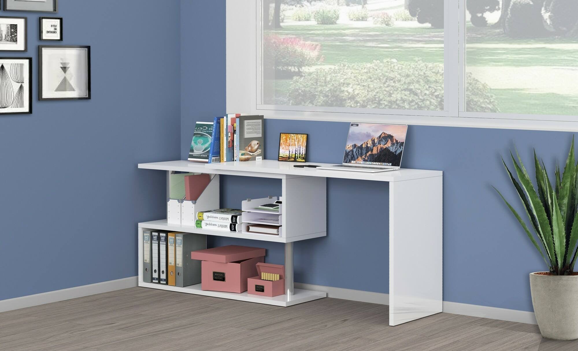 Scrivania Topazio, Scrittoio angolare porta PC, Tavolo multiuso per ufficio, Scrivania salvaspazio multiposizione, 100% Made in Italy, cm 120x50h75, Bianco lucido