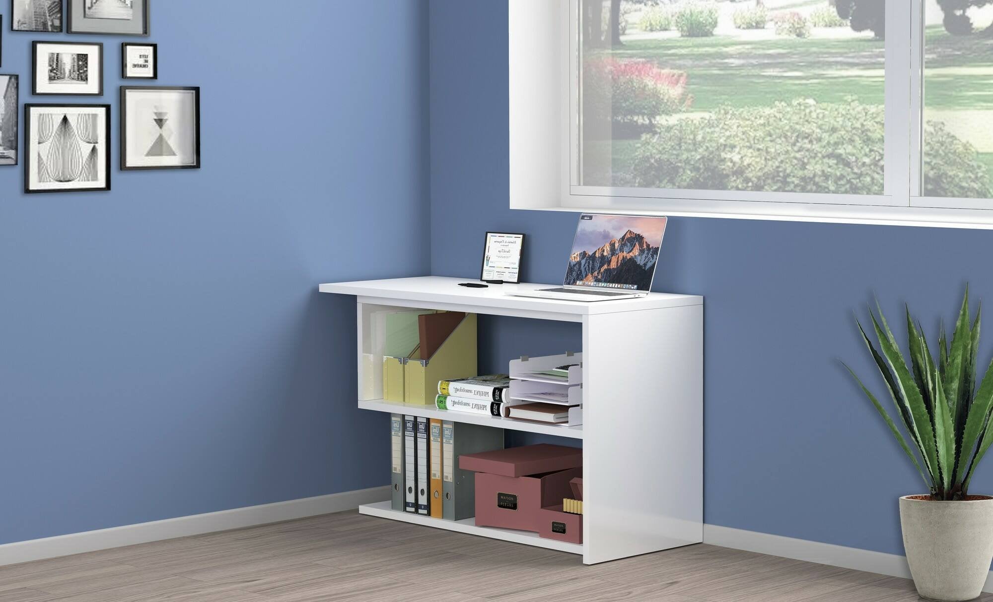 Scrivania Topazio, Scrittoio angolare porta PC, Tavolo multiuso per ufficio, Scrivania salvaspazio multiposizione, 100% Made in Italy, cm 120x50h75, Bianco lucido