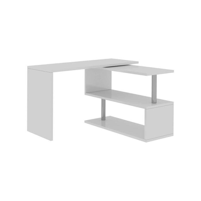 Scrivania Topazio, Scrittoio angolare porta PC, Tavolo multiuso per ufficio, Scrivania salvaspazio multiposizione, 100% Made in Italy, cm 120x50h75, Bianco lucido