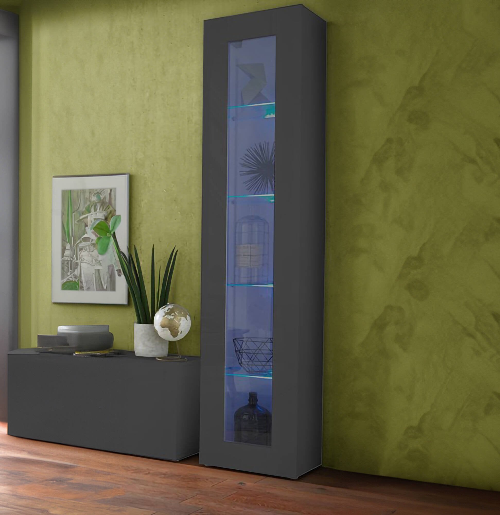 Vetrina Arnika, Credenza a 1 anta con ripiani in vetro, Mobile da soggiorno multiuso, 100% Made in Italy, cm 40x30h180, Antracite