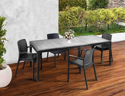 Set tavolo e sedie Arret, Ripiano rettangolare allungabile da esterno con 4 sedie incluse, Tavolo e sedute da giardino effetto rattan, 100% Made in Italy, Antracite