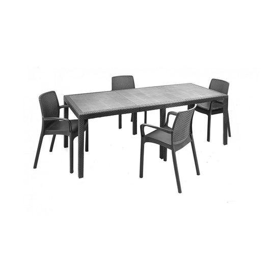 Set tavolo e sedie Arret, Ripiano rettangolare allungabile da esterno con 4 sedie incluse, Tavolo e sedute da giardino effetto rattan, 100% Made in Italy, Antracite