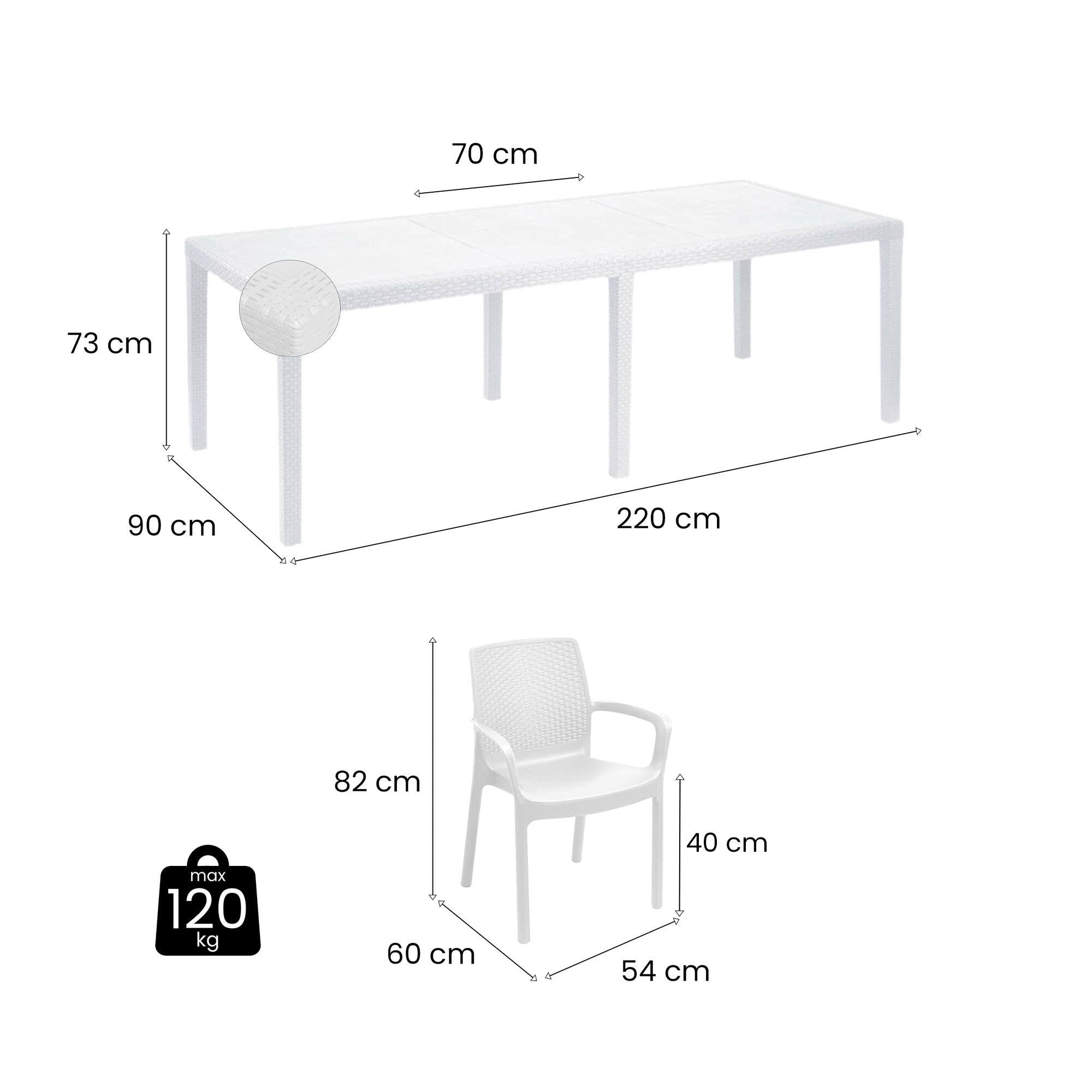 Set tavolo e sedie Arret, Ripiano rettangolare allungabile da esterno con 4 sedie incluse, Tavolo e sedute da giardino effetto rattan, 100% Made in Italy, Bianco