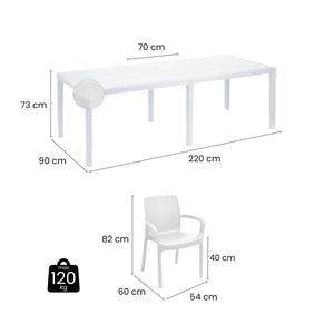 Set tavolo e sedie Arret, Ripiano rettangolare allungabile da esterno con 4 sedie incluse, Tavolo e sedute da giardino effetto rattan, 100% Made in Italy, Bianco