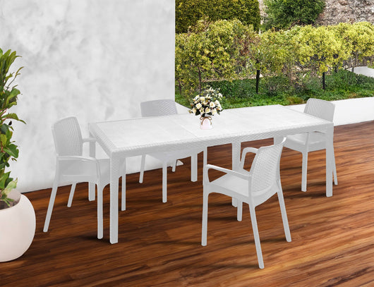 Set tavolo e sedie Arret, Ripiano rettangolare allungabile da esterno con 4 sedie incluse, Tavolo e sedute da giardino effetto rattan, 100% Made in Italy, Bianco