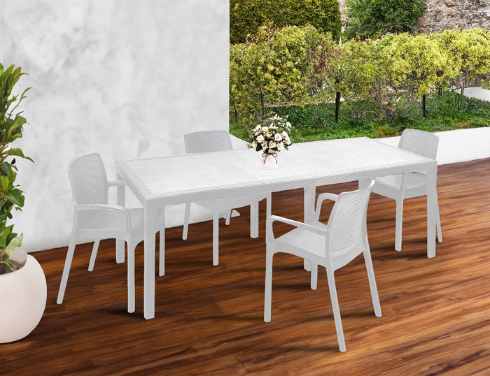 Set tavolo e sedie Arret, Ripiano rettangolare allungabile da esterno con 4 sedie incluse, Tavolo e sedute da giardino effetto rattan, 100% Made in Italy, Bianco