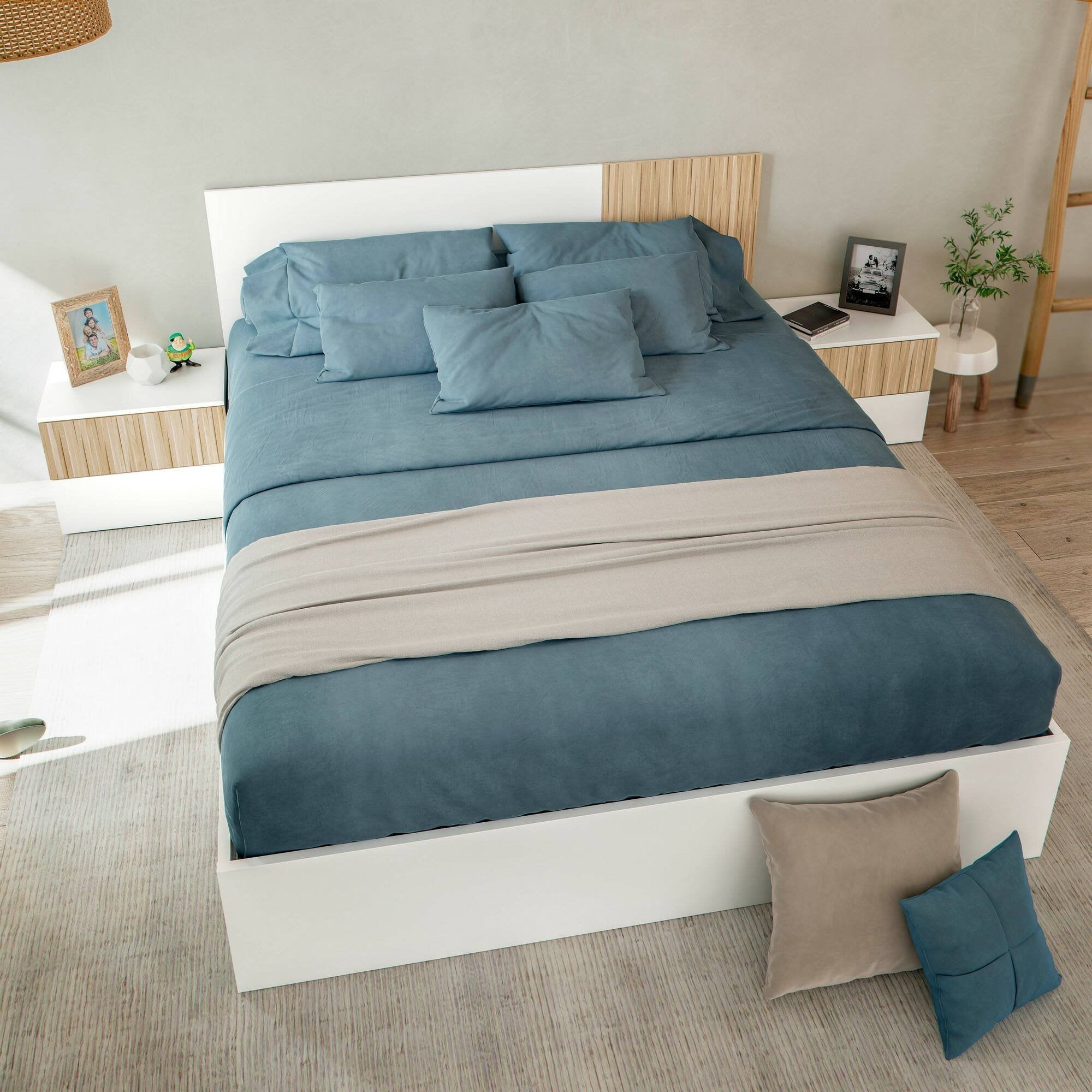 Testiera letto Armony, Testata letto con 2 comodini, Set per camera da letto, 266x34h89 cm, Bianco e Rovere