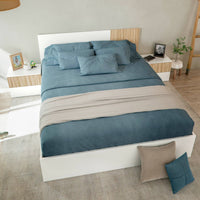 Testiera letto Armony, Testata letto con 2 comodini, Set per camera da letto, 266x34h89 cm, Bianco e Rovere