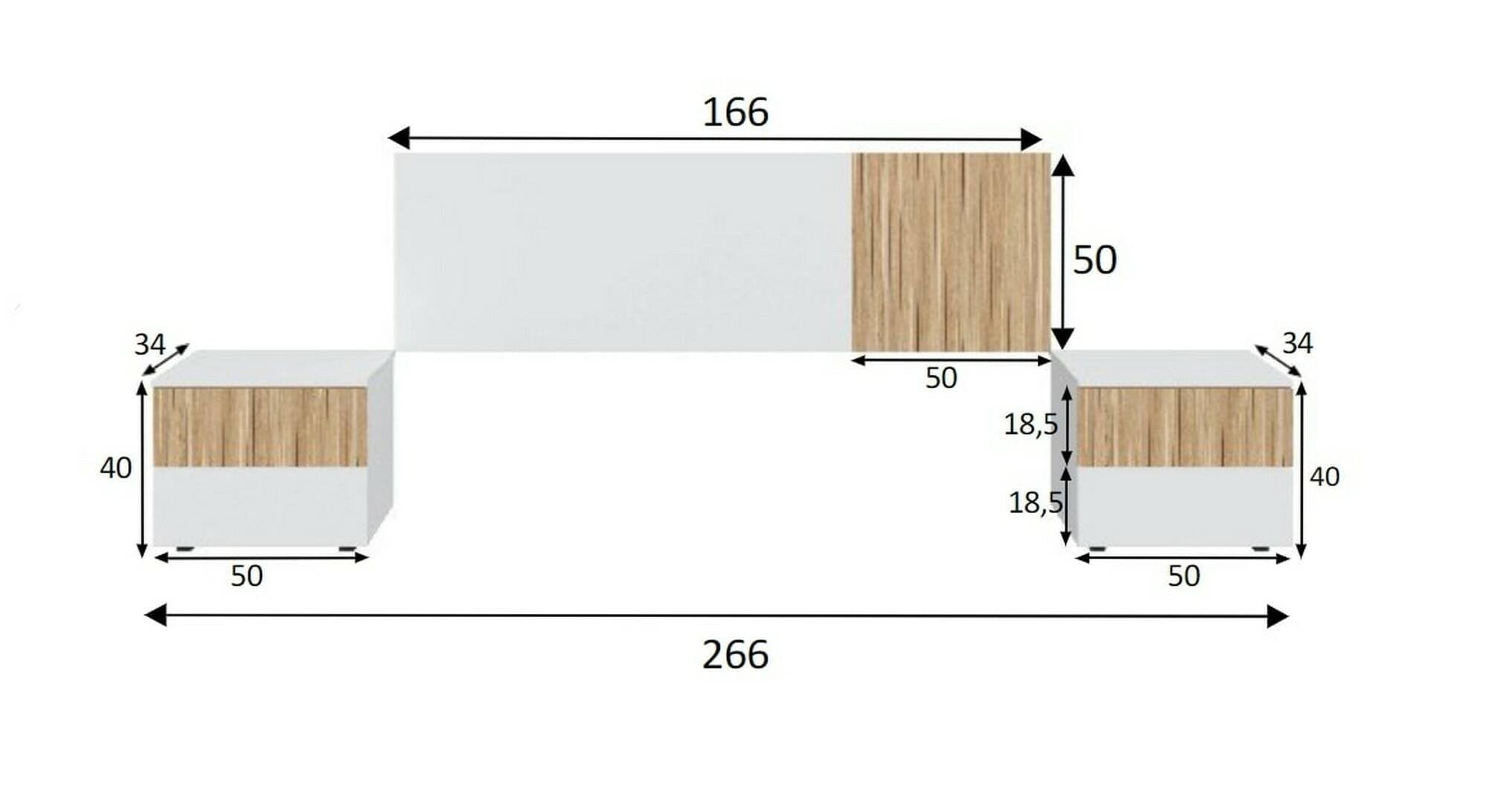Testiera letto Armony, Testata letto con 2 comodini, Set per camera da letto, 266x34h89 cm, Bianco e Rovere