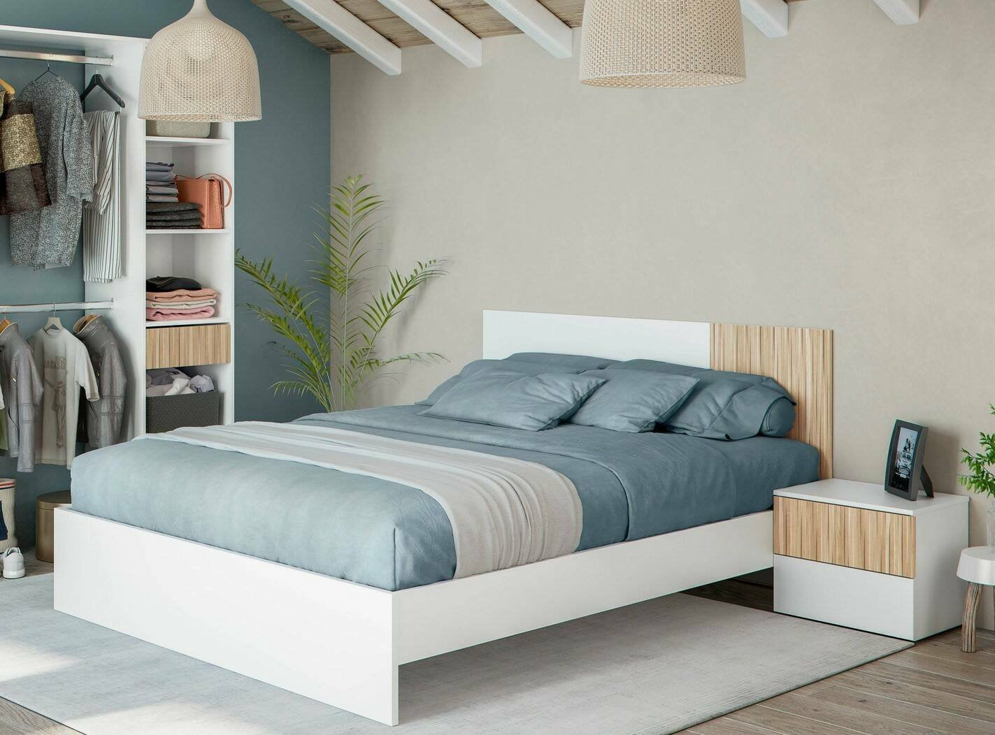 Testiera letto Armony, Testata letto con 2 comodini, Set per camera da letto, 266x34h89 cm, Bianco e Rovere