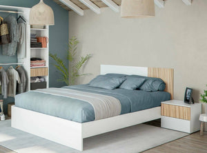 Testiera letto Armony, Testata letto con 2 comodini, Set per camera da letto, 266x34h89 cm, Bianco e Rovere