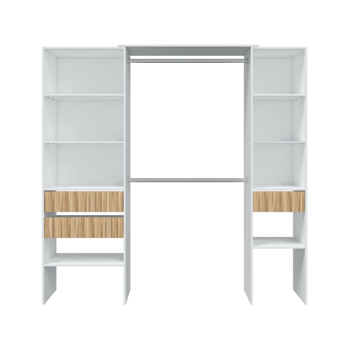 Guardaroba Ary, Mobile camera da letto, Armadio appendiabiti con ripiani e 3 cassetti, 196x40h187 cm, Bianco e Rovere